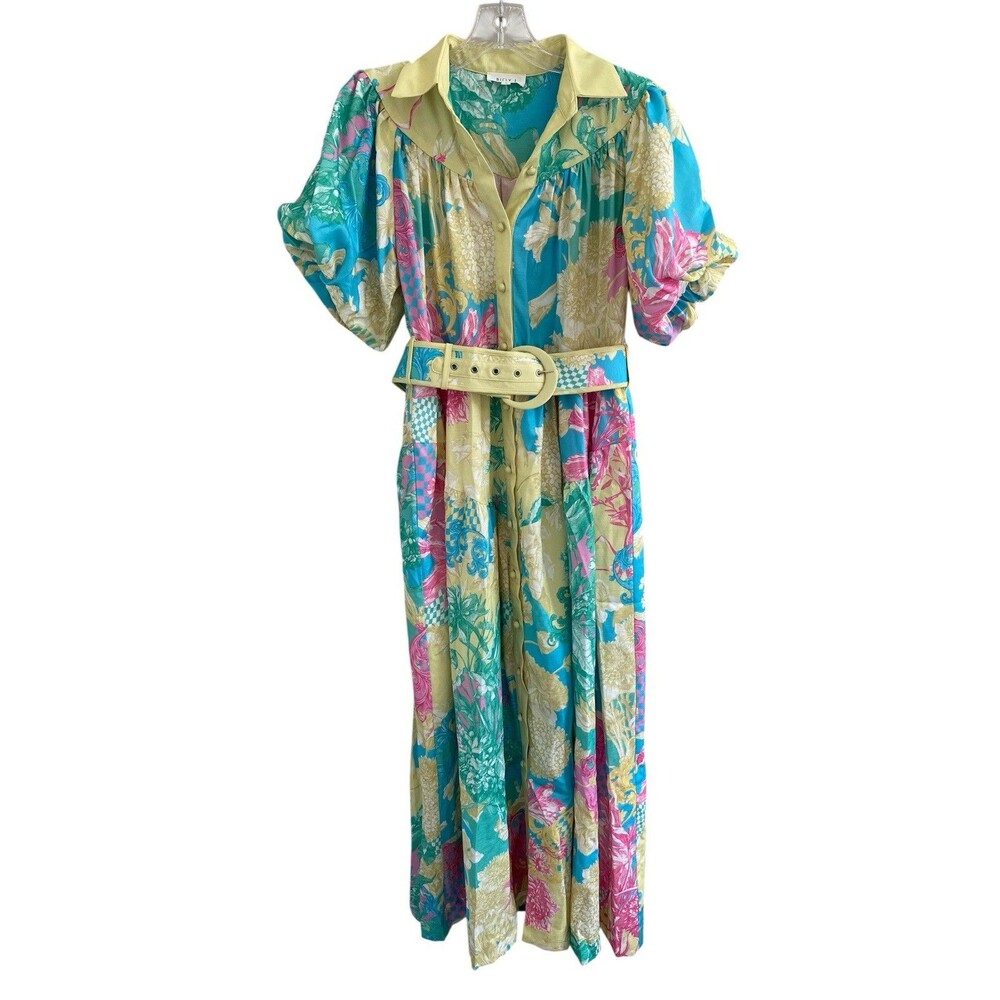 Billy J. Yellow Pink & Blue Floral Linen Blend Maxi Dress Womens Size Small